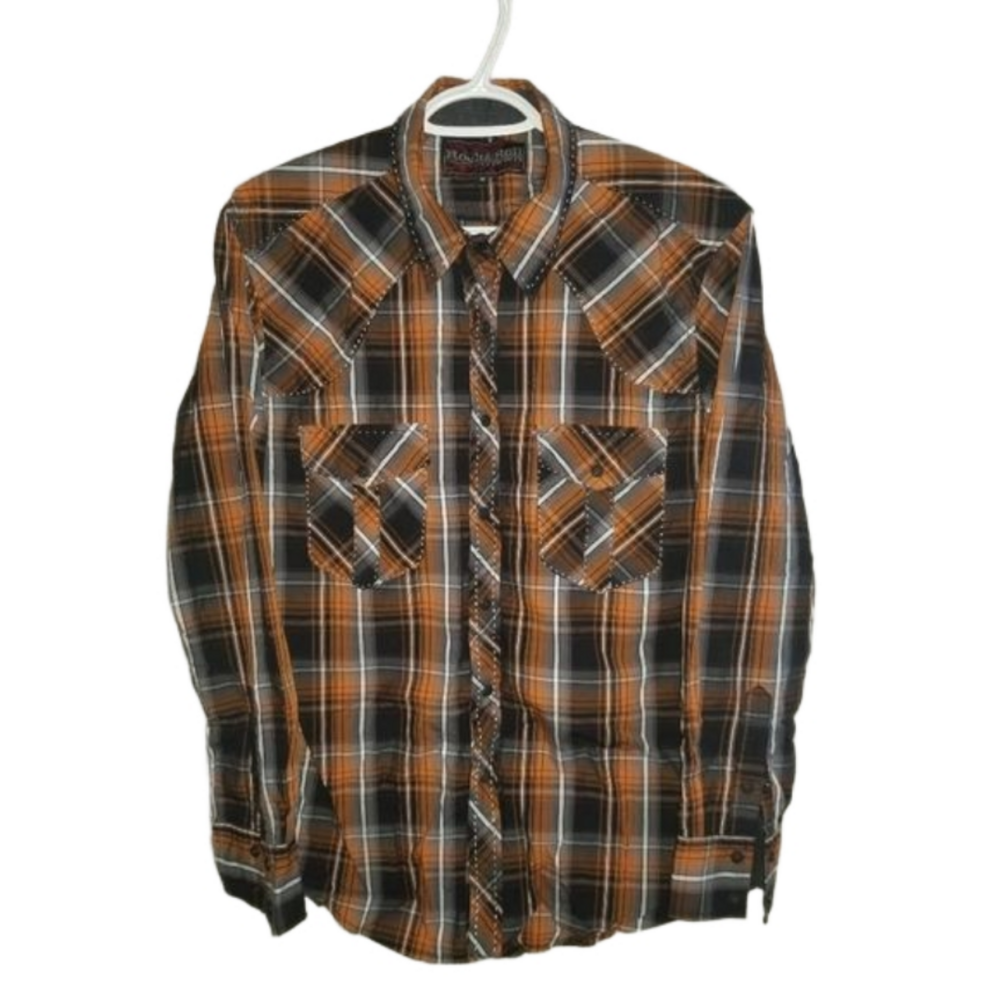 Rock & Roll Cowboy Long Sleeve Plaid Snap Front Button Up Label Reads Size Med